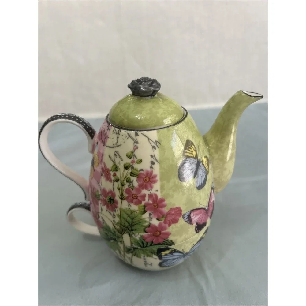 Porcelain Tea for One Stackable Teapot & Mug Butterfly Garden Theme